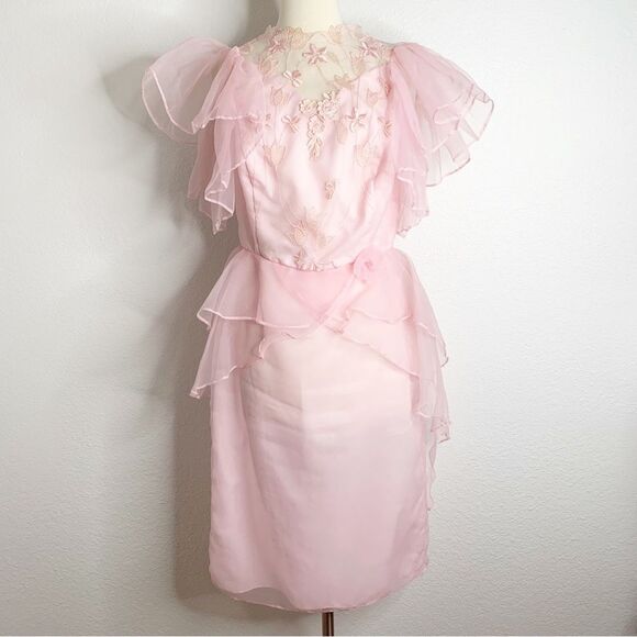 Vintage 80s Organza Ruffle Floral Embroidered Romantic Dress Size Small
